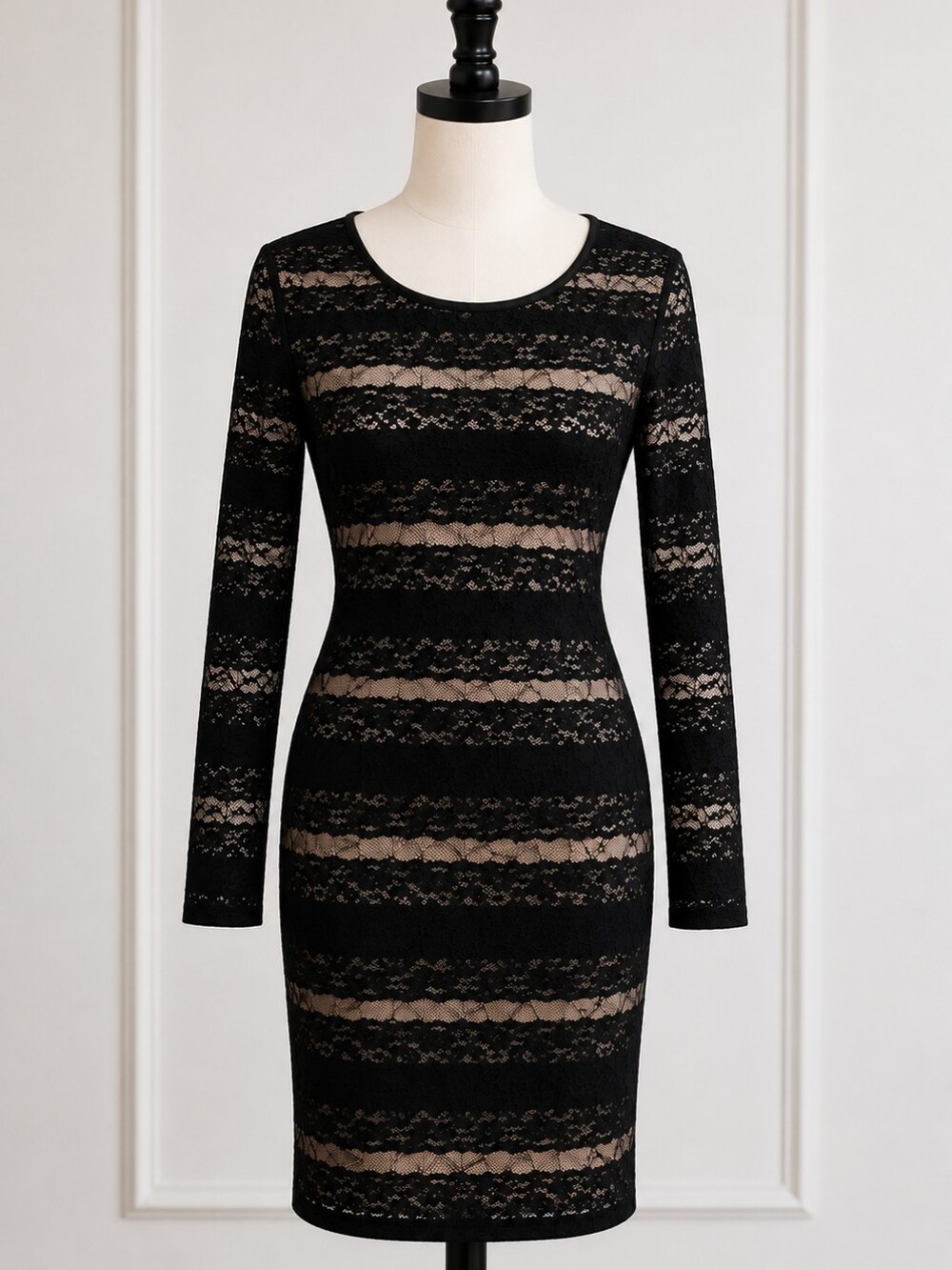 BCBGMaxAzria Black and Tan Striped Lace Dress Evening Party Sexy